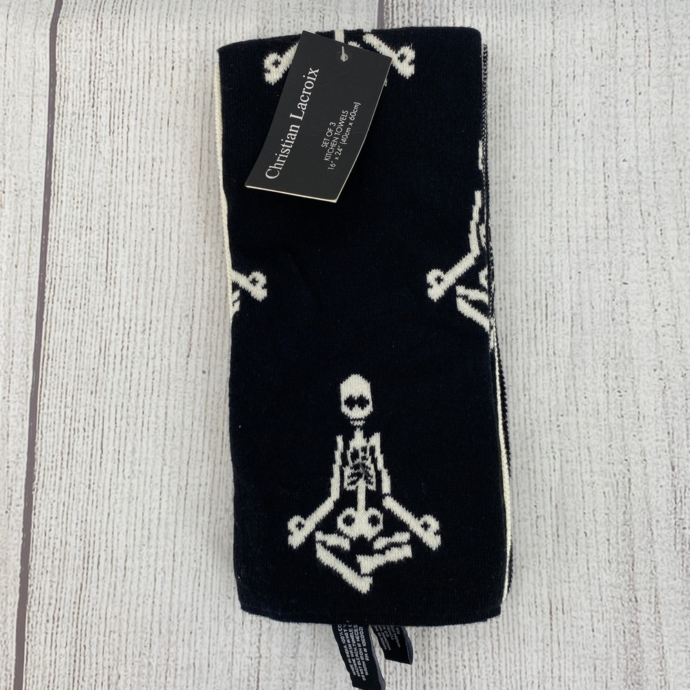 Christian Lacroix Kitchen Towels (3) Black White Skeleton Yoga Halloween Spooky